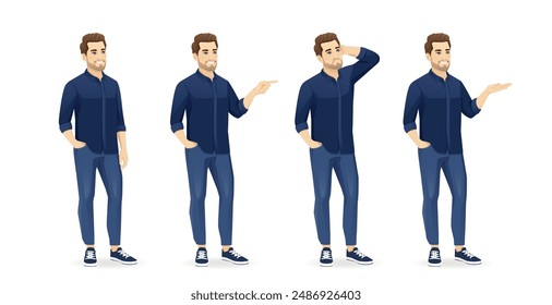 Set of young handsome man poses wearing blue shirt and jeans half turn view isolated vector illustration