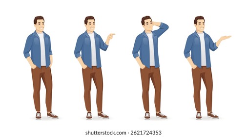 Set of young handsome man poses wearing casual clothes in half turn view. Isolated vector illustration
