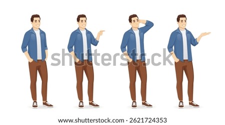 Set of young handsome man poses wearing casual clothes in half turn view. Isolated vector illustration