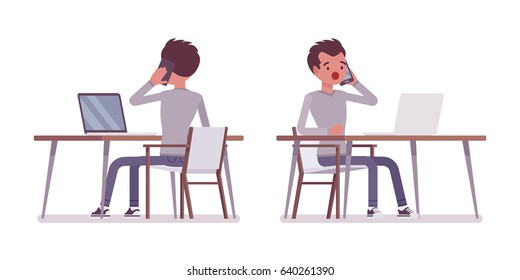 Set of young handsome man, smart casual dressing, sitting at the desk, working with laptop, talking on phone, surprised, vector flat style cartoon illustration, isolated, white background, front, rear