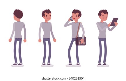 Set of young handsome man, smart casual dressing, skinny jeans, holding messenger bag, standing pose, using gadget, front, rear view, vector flat style cartoon illustration, isolated, white background