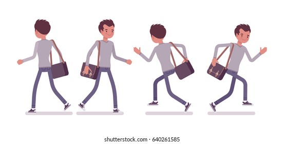 Set of young handsome man, smart casual dressing, skinny jeans, holding messenger bag, walking and running pose, front, rear view, vector flat style cartoon illustration, isolated, white background