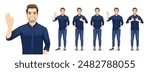 Set of young handsome man wearing blue shirt and jeans in different poses. Various gestures - greeting, showing ok sign, thumbs up, standing isolated vector illustration