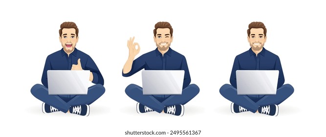 Set of young handsome man wearing blue shirt and jeans using laptop computer sitting with crossed legs set and different gestures. Isolated vector illustration