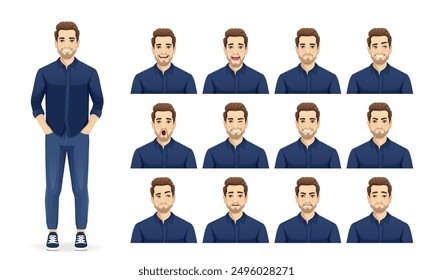 Set of young handsome man wearing blue shirt and jeans with different facial expressions vector illustration isolated