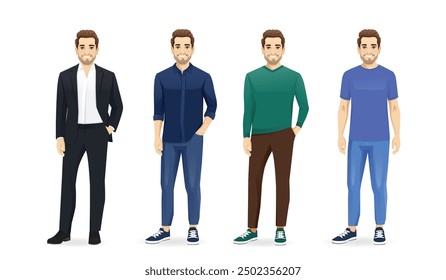 Set of young handsome man wearing different style outfit standing. Isolated vector illustration