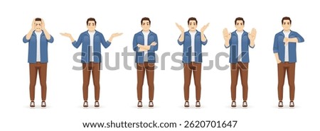 Set of young handsome man wearing casual clothes showing negative emotions with different gestures. Upset, dislike, angry, refused, disappointed. Isolated vector illustration