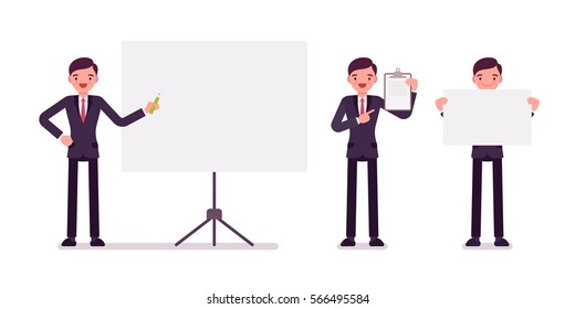 Set of young happy businessmen in formal wear, standing near empty whiteboard, holding frame, paper and poster for copyspace, presentation of information, full length, isolated, white background