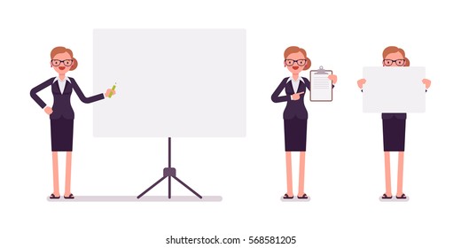 Set of young happy businesswoman in formal wear, standing near empty whiteboard, holding frame, paper and poster for copyspace, presentation of information, full length, isolated, white background