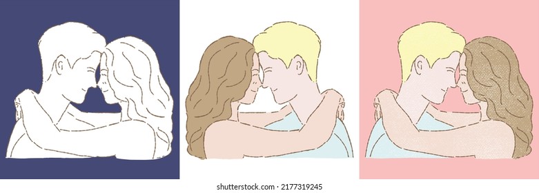 Conjunto de jóvenes y felices personajes de dibujos animados mirándose unos a otros, abrazándose, abrazándose alrededor del cuello. Ilustración vectorial plana dibujada a mano en diferentes estilos aislados en fondo de color.