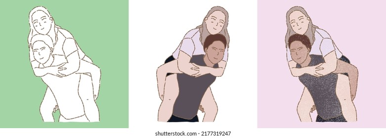 Set of young happy couple cartoon character hugging, piggy back riding. Hand drawn flat vector illustration in different styles isolated on colored background.