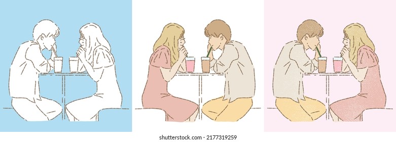 Set of a young happy couple cartoon character looking at each other, sitting, dating at table with drinks Hand drawn flat vector illustration in different styles isolated on colored background.