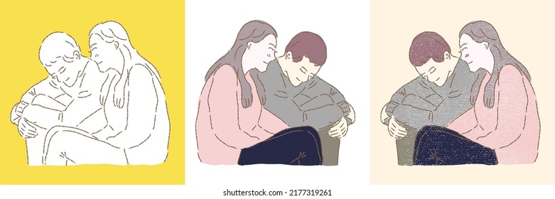 Set of young happy couple cartoon characters smiling, sitting together and sharing the moment. Hand drawn flat vector illustration in different styles isolated on colored background.