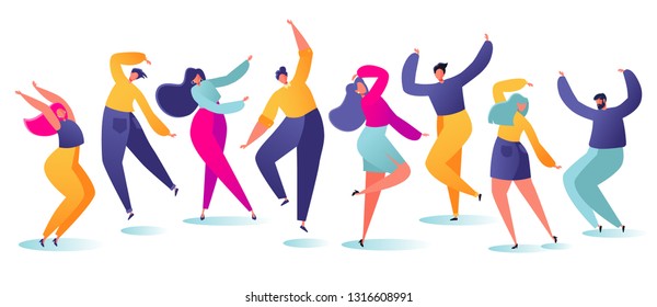 Set of young happy dancing people. Party dancer character male and female isolated on white background. Young men and women enjoying dance party. Colorful vector illustration.