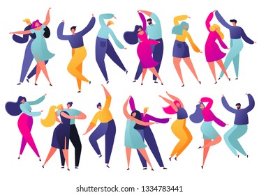 Conjunto de jóvenes bailarines felices. Carácter bailarín del partido aislado en fondo blanco. Jóvenes hombres y mujeres disfrutando de una fiesta de baile. Ilustración vectorial colorida.