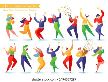 Set of young happy dancing people. People celebrate New Year or Christmas with champagne and sparklers, they are dressed wonderfully, in red Santa Claus hats and carnival animal masks.