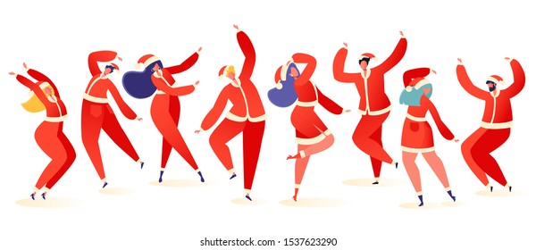 Set of young happy dancing people dressed in Santa Claus costumes. Party dancer character male and female isolated on white background. Young men and women enjoying dance party. 