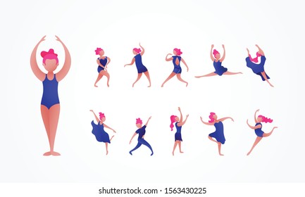 Set of young happy dancing people. Ballerina character female isolated on white background. Young women enjoying ballet dance party. Colorful vector illustration