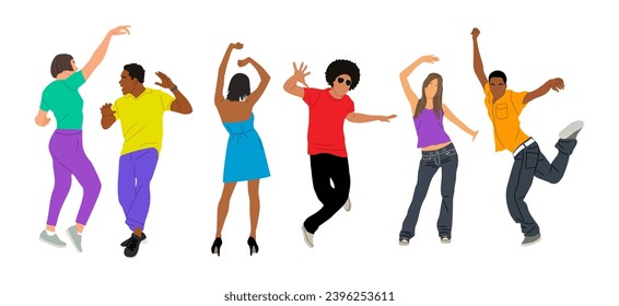 Set of young happy dancing people vector isolated.