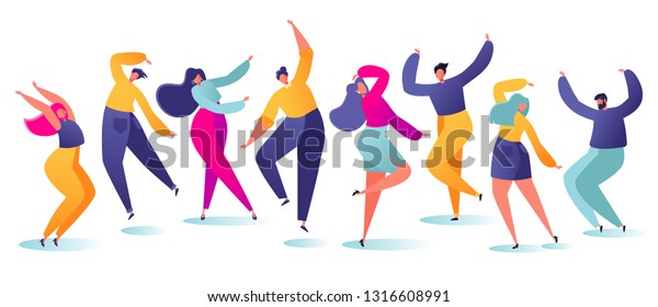 若い幸せな踊り人々のセット 白い背景にパーティーダンサーのキャラクター 男性と女性 ダンスパーティーを楽しむ若い男女 カラフルなベクターイラスト のベクター画像素材 ロイヤリティフリー