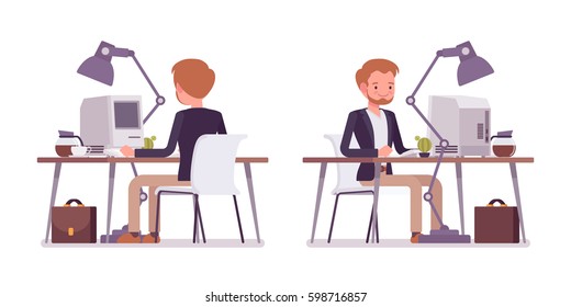 Set of young happy dandy in smart casual wear sitting at the office desk working at the computer, comfortable home-office, good working environment, full length, white background, rear and front view