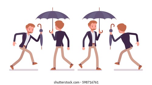 Set of young happy dandy wearing smart elegant casual wear, walking and running, holding fold and unfold black classic umbrella, in a hurry for date, full length, white background, rear and front view