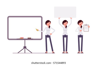 Set of young happy female clerk in formal wear, standing near empty whiteboard, holding frame, paper and poster for copyspace, presentation of information, full length, isolated, white background