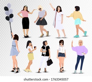 Set of Young happy girls office girl, schoolgirl, student girl, medical worker, girl with balls, health worker, business women. Set vector icons. Vector in a flat style on transparent background