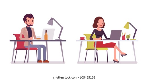 Set of young happy lady and gentleman in elegant smart casual wear, sitting pose, working at the desk with laptop, full length, front, rear view isolated, white background