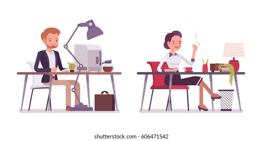 Set of young happy lady and gentleman in smart casual wear, sitting at the desk ,working at the computer, smoking, self-employed modern people, coworking, full length, isolated, white background