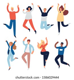 Set of young happy laughing people jumping with raised hands in various poses. Joyful positive men and women rejoicing together, happiness, freedom, motion concept. Colored vector illustration 