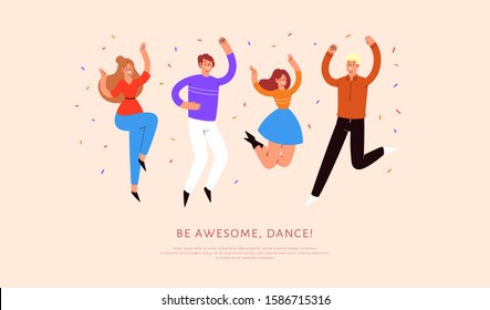 Set of young happy laughing people dancing with raised hands in various poses. Joyful positive men and women jumping, rejoicing together, happiness, freedom motion concept. Colored vector illustration