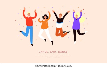 Set of young happy laughing people dancing with raised hands in various poses. Joyful positive men and women jumping, rejoicing together, happiness, freedom motion concept. Colored vector illustration