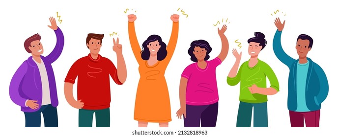 Set of young happy laughing people rejoicing together. Joyful positive happiness. Cartoon vector illustration