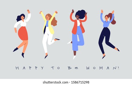 Set of young happy laughing women jumping with raised hands in various poses. Joyful positive girls rejoicing together, happiness, freedom, motivation, feminism concept. Colored vector illustration 