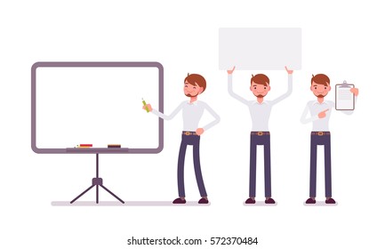 Set of young happy male clerk in formal wear, standing near empty whiteboard, holding frame, paper and poster for copyspace, presentation of information, full length, isolated, white background