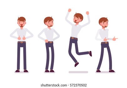 Set of young happy male clerk in formal wear, showing positive emotions, successful worker, jumping with joy, professional manager, full length, front view isolated against white background