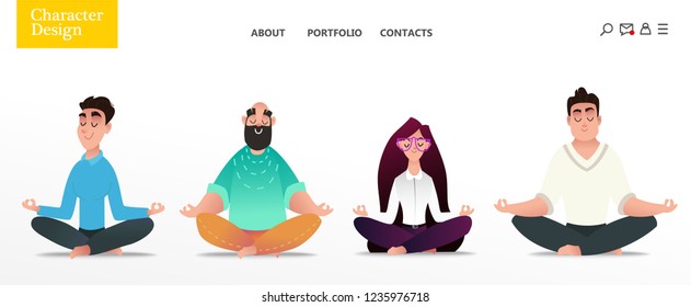 Eine Reihe von jungen, glücklichen Bürofiguren, die sich von Yoga entspannen. Alleinstehende Männer und Frauen in der Lotusposition. Startseite des Studios von Yoga. Kommerzielle Illustration auf weißem Hintergrund