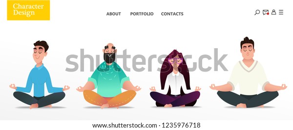 Set of\
young happy office characters relaxing by yoga. Isolated men and\
women in the lotus position. Home main page of the studio of yoga.\
Commercial illustration on a white\
background