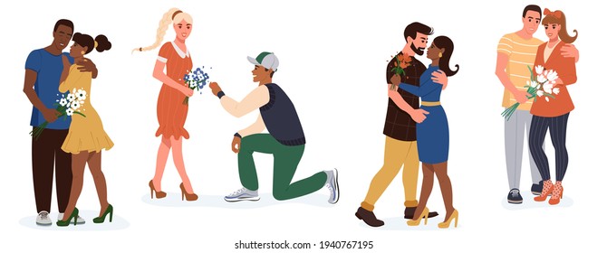 Set of young happy romantic couples. Diversity and social togetherness idea. Pairs of men and women on date. Flat vector isolated on white background.
