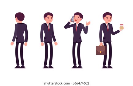 Set of young happy smiling businessmen in formal wear, standing poses, talking on phone, holding bag and coffee, full length, front and rear view isolated against white background, successful manager