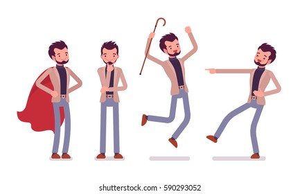 Set of young happy smiling dandy in smart casual wear, showing positive emotions, holding elegant cane, jumping with joy, pointing and laughing, full length, front view isolated, white background