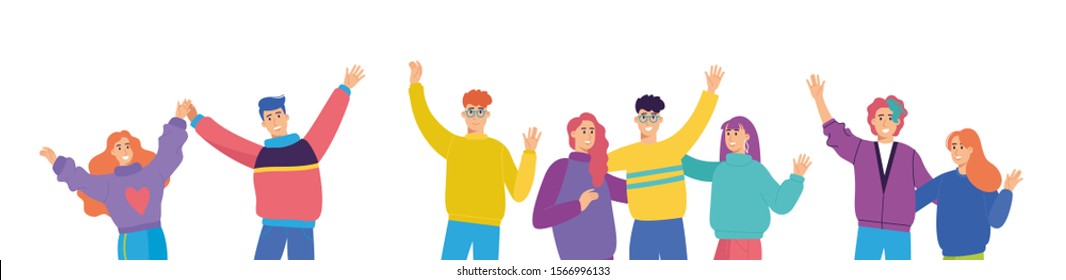 Set of young happy smiling people isolated on white background. Colorful happy fun characters at the party or at celebration. Vector illustration in flat cartoon style.