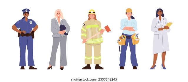 Set of young happy smiling woman of different male jobs and professions flat cartoon characters