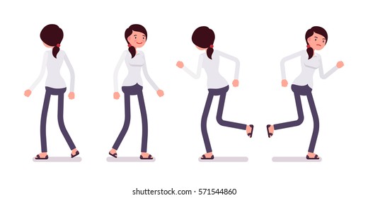 Set of young happy and unhappy female busy clerk in formal wear, walking and runnig poses, having workload, enjoying her job, full length, front and rear view isolated against white background