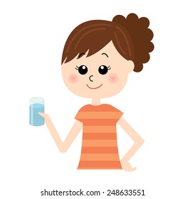 A set young happy woman with a glass of water in her hand, vector illustration