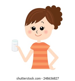 A set young happy woman with a glass of milk in her hand, vector illustration