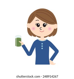 A set young happy woman with a glass of green smoothie in her hand, vector illustration