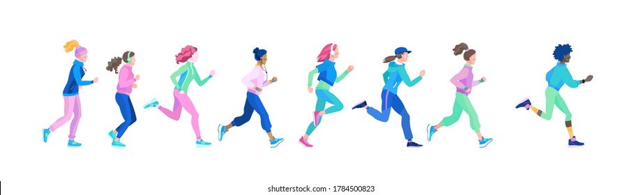 Set of young healthy women on jogging. Vector illustration in cartoon style of running blond and brunet girls of various nationalities. African, Asian and European women run in sports clothes.