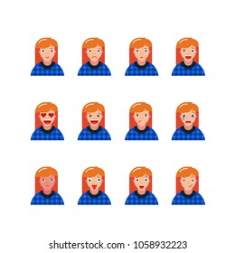 set of young hipster girl facial expressions. flat avatars. female emotions. funny character. vector illustration
